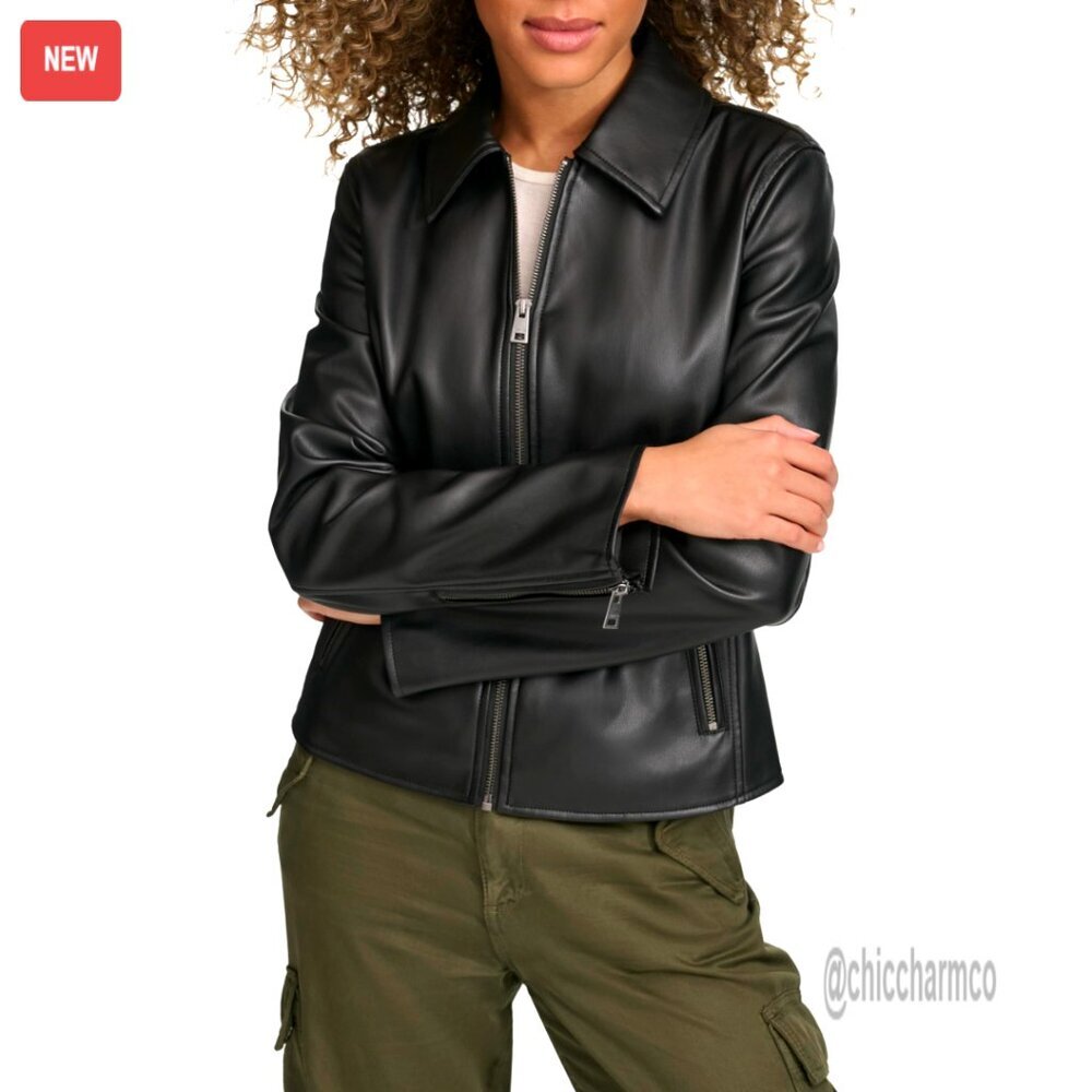 Faux Leather Racer Jacket with Laydown Collar, Water Resistant